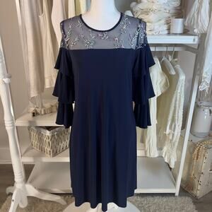 Gabby Skye size 10 midnight blue stretch slinky knit dress lace shoulders #2546